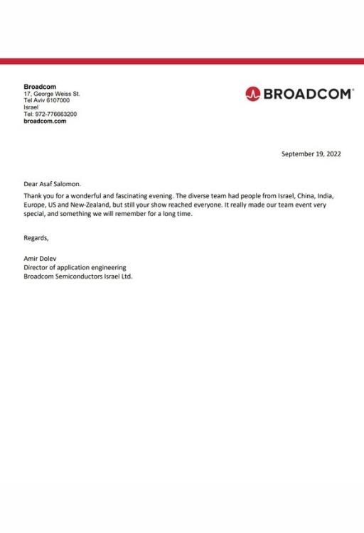 Asaf Salomon Thank you letter broadcom