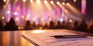 טופס מדדים לאירוע לצד במה מוארת של מופע אמן חושים עם קהל