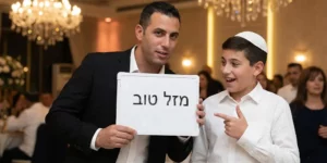 אסף סלומון אמן חושים במופע בר מצווה מחזיק שלט עם הכיתוב מזל טוב ליד חתן השמחה.